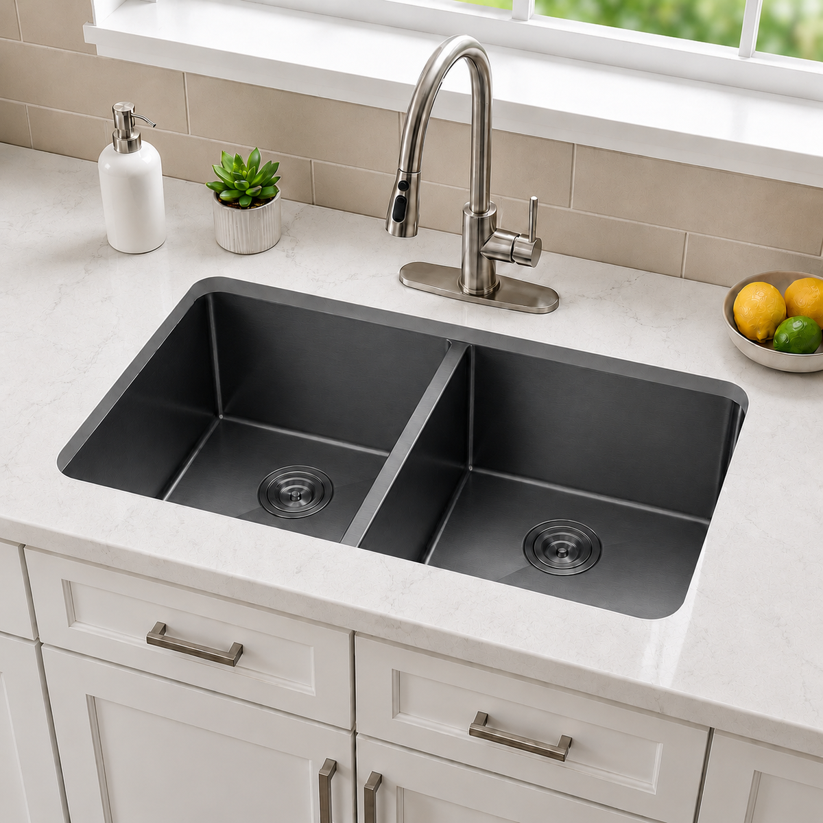 33" Stainless Steel Double Bowl Kitchen Sink - Undermount/Drop In Sink | R10 Corner Radius, 10" Deep Bowl, X-shaped Drainage, Noise-reducing, moisture-resistant, scratch resistant