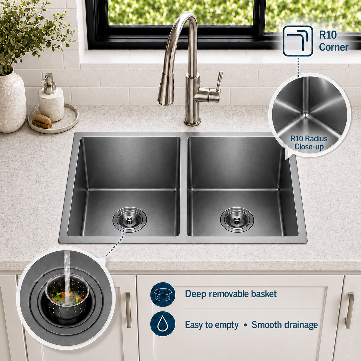 33" Stainless Steel Double Bowl Kitchen Sink - Undermount/Drop In Sink | R10 Corner Radius, 10" Deep Bowl, X-shaped Drainage, Noise-reducing, moisture-resistant, scratch resistant