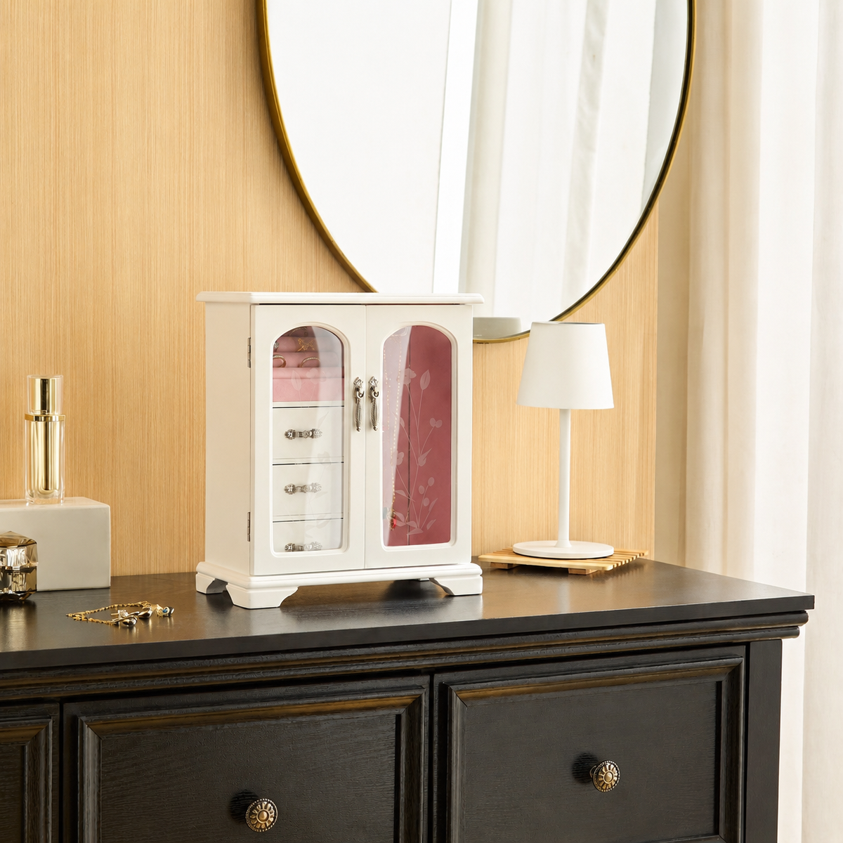 Vintage Jewelry Box with Mirror, Wooden Jewelry Organizer and Storage Case for Women，White
