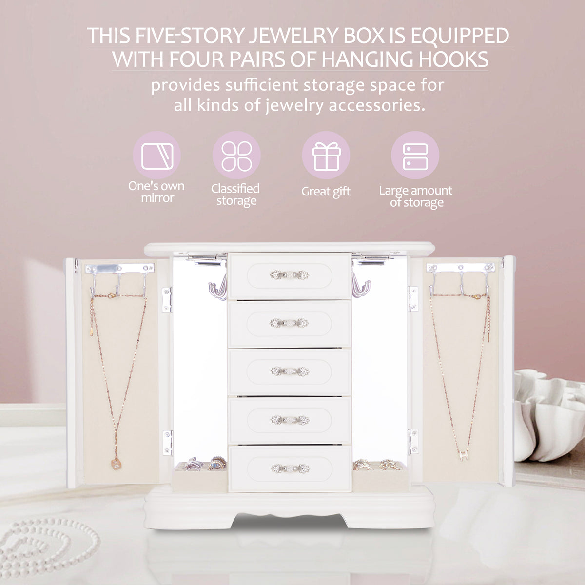 Jewelry Boxes For Women,5 Layer Large Wood Jewelry Boxes And Buit-in Hooks And Attached Mirror, Vintage Jewelry Box For Necklaces, Earrings And Rings