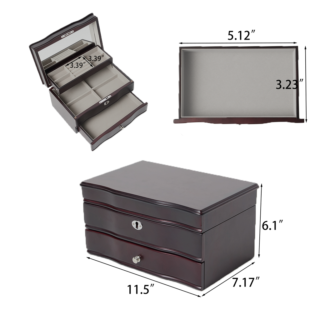11.7 In. Brown Wooden Jewelry Box With Mirror, Lockable Multi-layer Jewelry Organizer With Velvet Lining And Drawer Storage