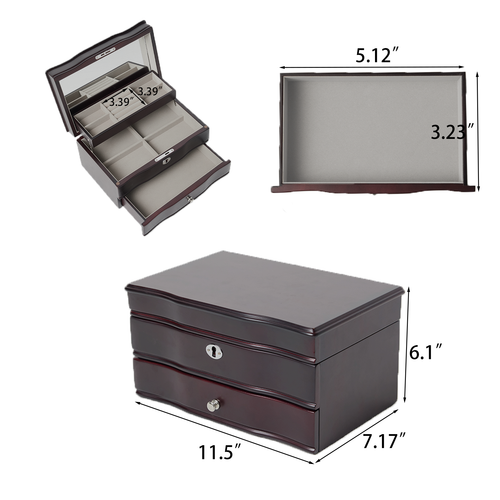 11.7 In. Brown Wooden Jewelry Box With Mirror, Lockable Multi-layer Jewelry Organizer With Velvet Lining And Drawer Storage