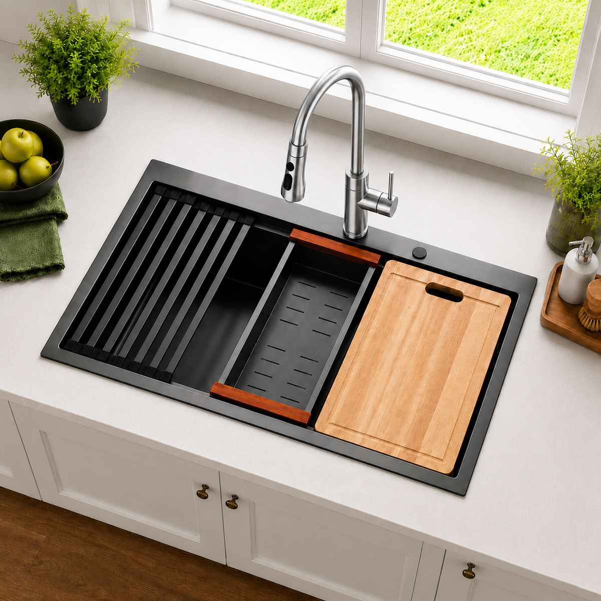 30x22 in Stainless Steel Drop-in Kitchen Sink w/Accessories, Grey | Workstation Sink, R10 Round, Cutting Board, Single Bowl, 10'' Deep Kitchen Sink