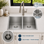 33" Stainless Steel Double Bowl Kitchen Sink - Undermount/Drop In Sink | R10 Corner Radius, 10" Deep Bowl, X-shaped Drainage, Noise-reducing, moisture-resistant, scratch resistant