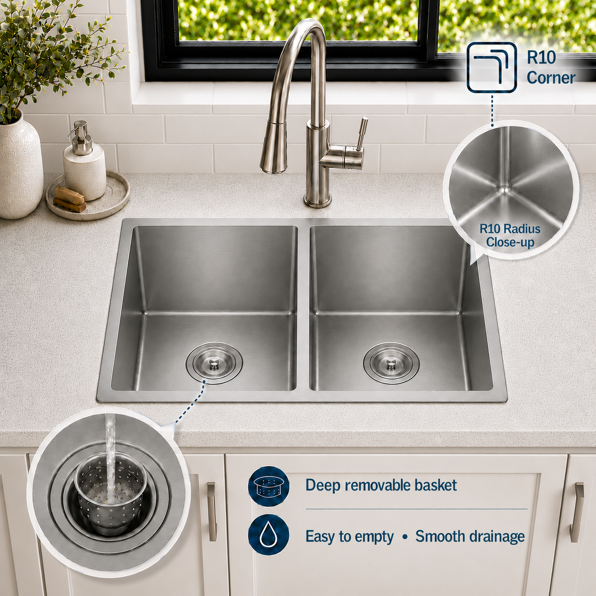 33" Stainless Steel Double Bowl Kitchen Sink - Undermount/Drop In Sink | R10 Corner Radius, 10" Deep Bowl, X-shaped Drainage, Noise-reducing, moisture-resistant, scratch resistant