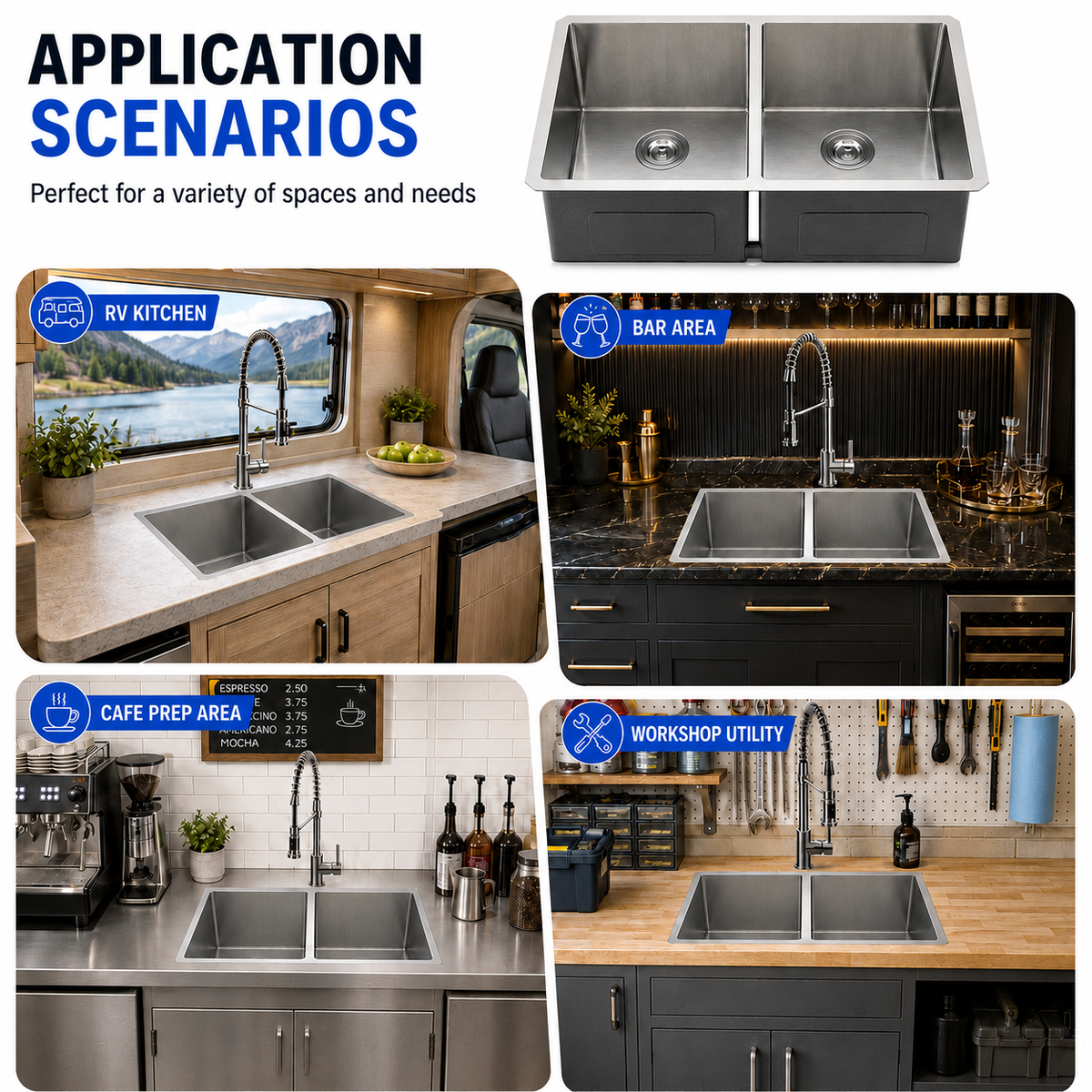 33" Stainless Steel Double Bowl Kitchen Sink - Undermount/Drop In Sink | R10 Corner Radius, 10" Deep Bowl, X-shaped Drainage, Noise-reducing, moisture-resistant, scratch resistant