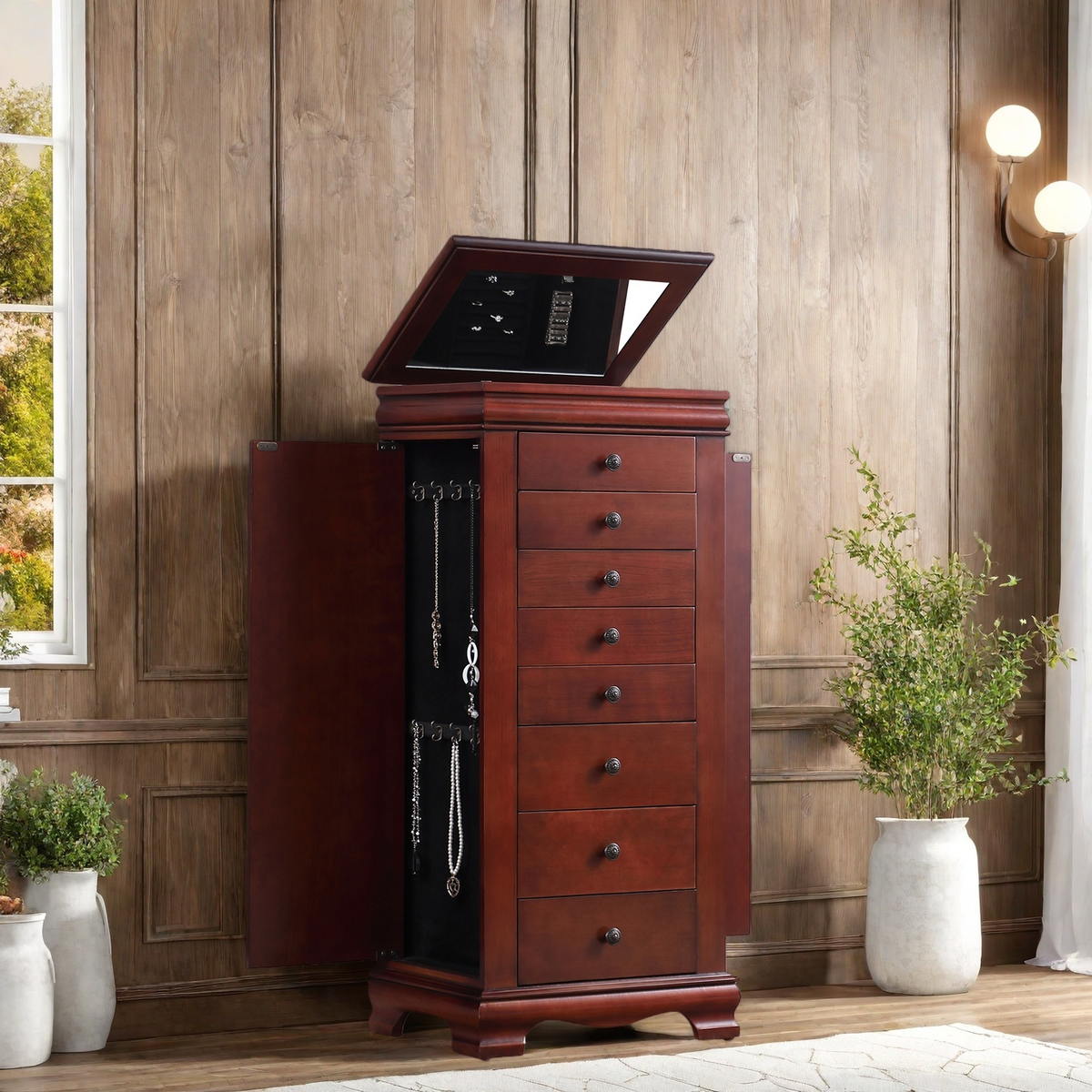 Vintage Brown Freestanding Jewelry Armoire with Flip-Top Mirror, 8 Drawers, Side Storage Doors and Necklace Hooks