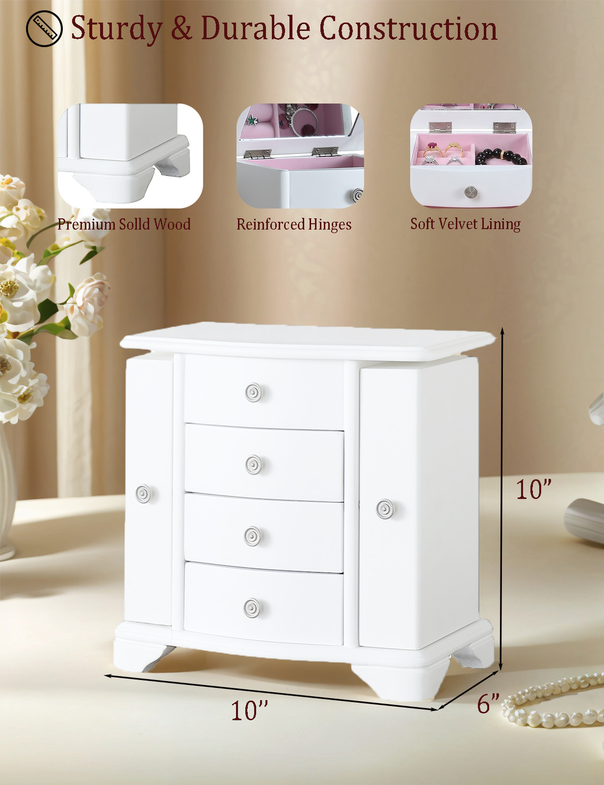 White Jewelry Box with Pink Velvet Lining，4 layer jewelry organizer box and attached 2 side doors,jewelry organizer wooden for rings, necklaces and earrings.
