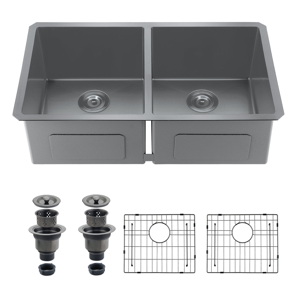 33" Stainless Steel Double Bowl Kitchen Sink - Undermount/Drop In Sink | R10 Corner Radius, 10" Deep Bowl, X-shaped Drainage, Noise-reducing, moisture-resistant, scratch resistant