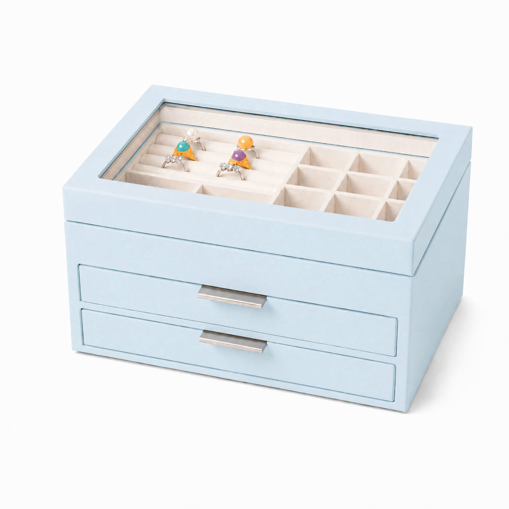 Wooden Jewelry Box With Glass Lid, 2 Drawers, Ring Slots & Multi-compartment Organizer For Jewelry, Watches And Accessories