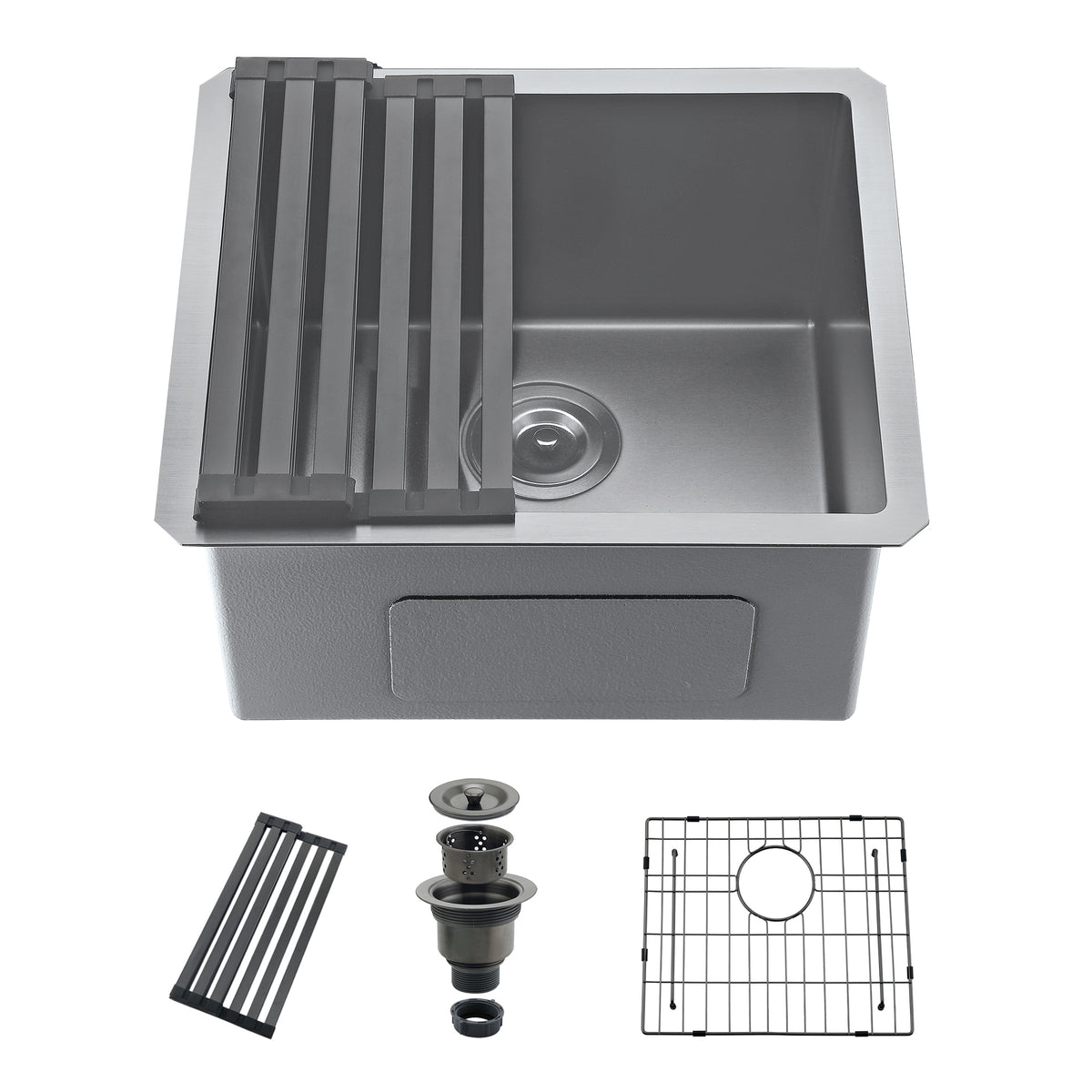 19" Stainless Steel Kitchen Sink, Deep Single Bar Sink - Grey | X-shaped Drainage, Quiet Soundproof, Anti-Condensation Coating, Easy to Clean Corners, Scratch & Stain Resistant
