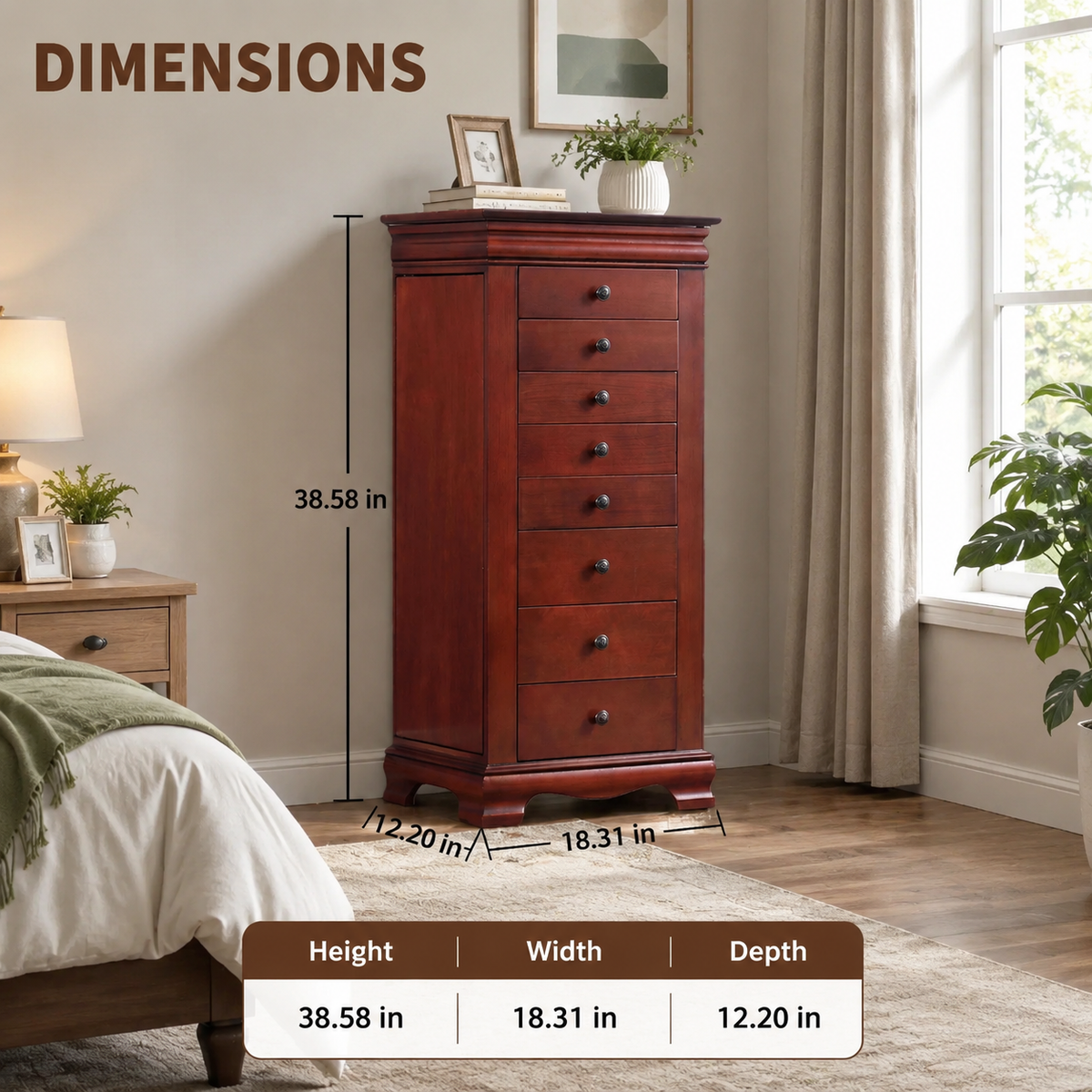 Vintage Brown Freestanding Jewelry Armoire with Flip-Top Mirror, 8 Drawers, Side Storage Doors and Necklace Hooks