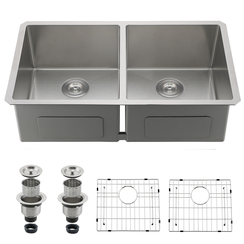 33" Stainless Steel Double Bowl Kitchen Sink - Undermount/Drop In Sink | R10 Corner Radius, 10" Deep Bowl, X-shaped Drainage, Noise-reducing, moisture-resistant, scratch resistant