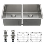 33" Stainless Steel Double Bowl Kitchen Sink - Undermount/Drop In Sink | R10 Corner Radius, 10" Deep Bowl, X-shaped Drainage, Noise-reducing, moisture-resistant, scratch resistant