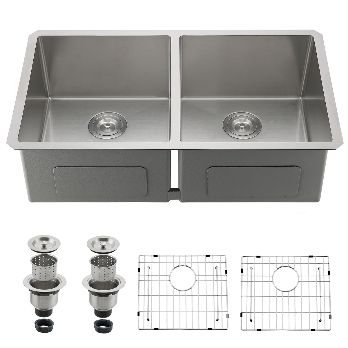 33" Stainless Steel Double Bowl Kitchen Sink - Undermount/Drop In Sink | R10 Corner Radius, 10" Deep Bowl, X-shaped Drainage, Noise-reducing, moisture-resistant, scratch resistant