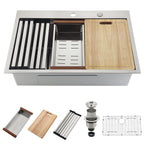33 Inch Silver Drop In Workstation Sink With Sliding Accessories | 33x22 Inch Top Mount Sink Stainless Steel 16 Gauge 10" Deep Single Bowl with Cutting Board& Strainer