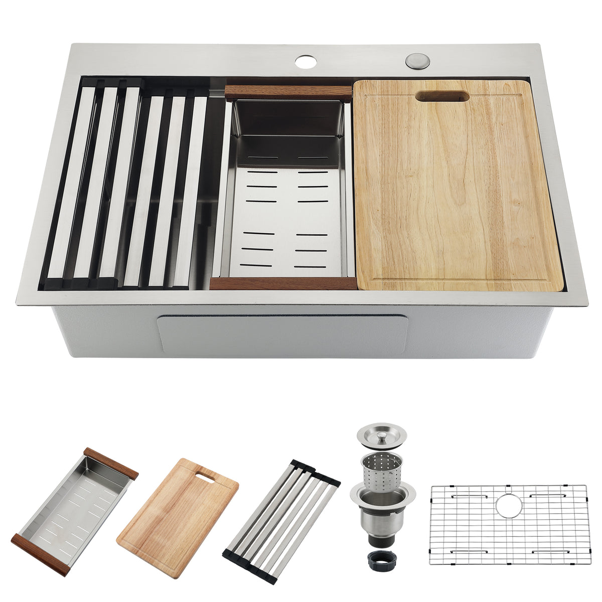 33 Inch Silver Drop In Workstation Sink With Sliding Accessories | 33x22 Inch Top Mount Sink Stainless Steel 16 Gauge 10" Deep Single Bowl with Cutting Board& Strainer