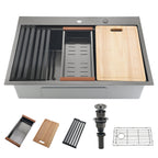 33 Inch Black Drop In Workstation Sink with Sliding Accessories | 33x22 Inch Top Mount Sink Stainless Steel 16 Gauge 10" Deep Single Bowl with Cutting Board& Strainer