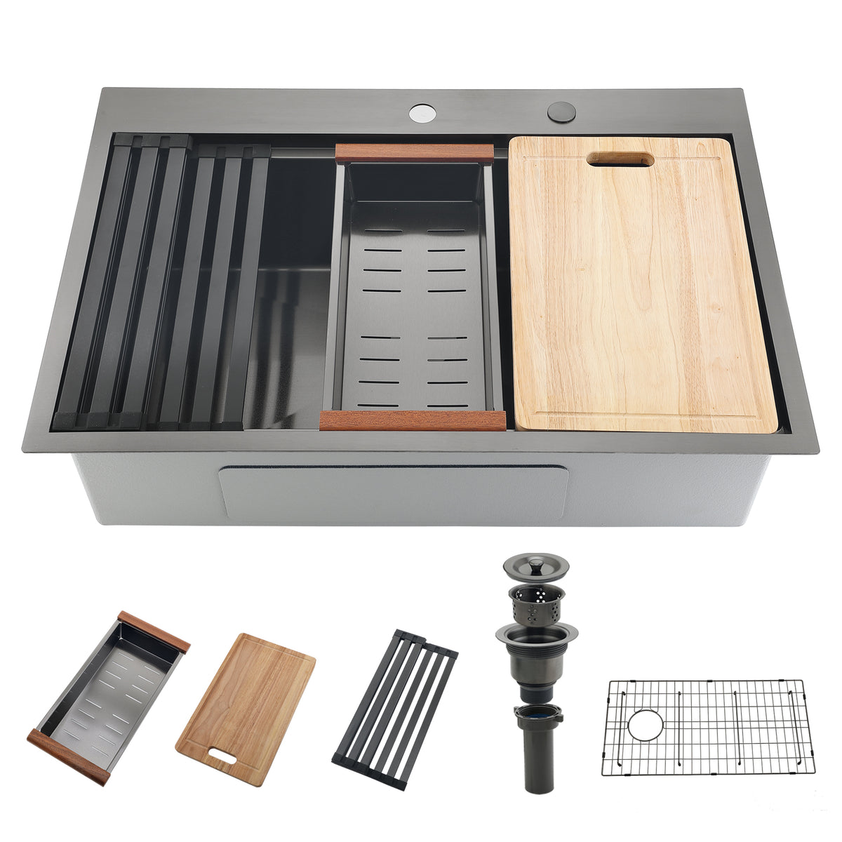 33 Inch Black Drop In Workstation Sink with Sliding Accessories | 33x22 Inch Top Mount Sink Stainless Steel 16 Gauge 10" Deep Single Bowl with Cutting Board& Strainer