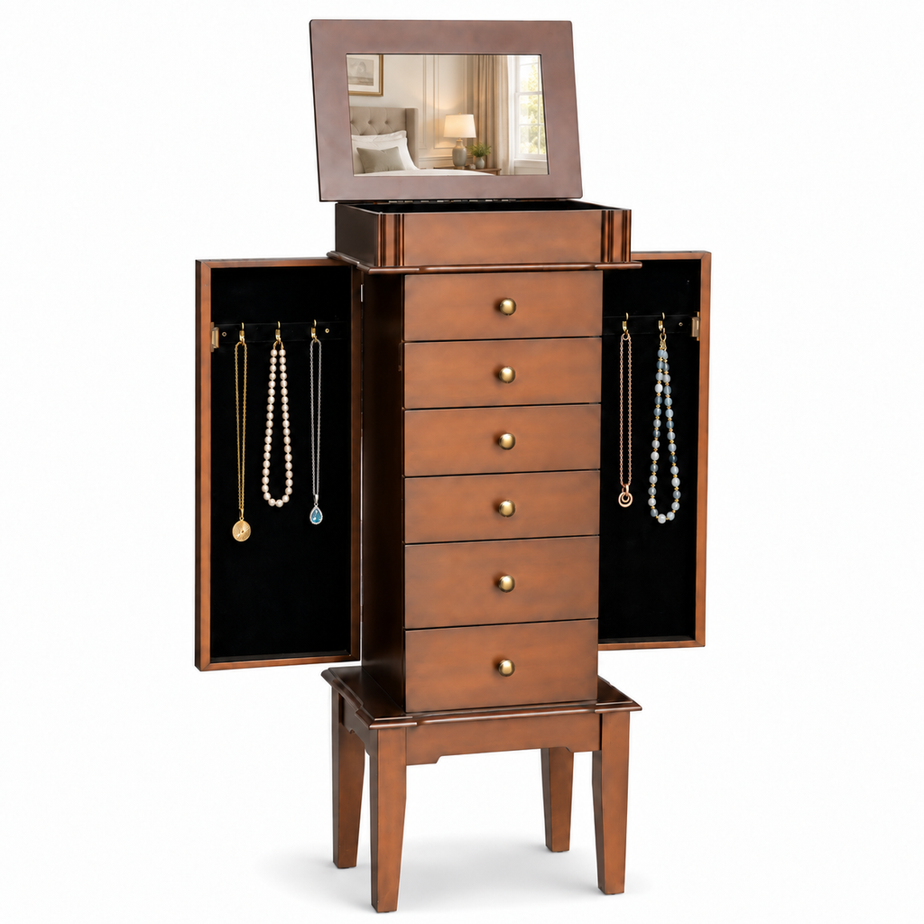 Freestanding Jewelry Armoire with Flip-Up Mirror, 6 Drawers and Necklace Hooks