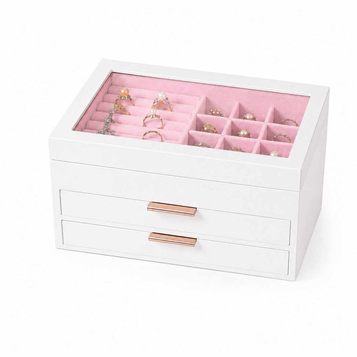 Wooden Jewelry Box With Glass Lid, 2 Drawers, Ring Slots & Multi-compartment Organizer For Jewelry, Watches And Accessories