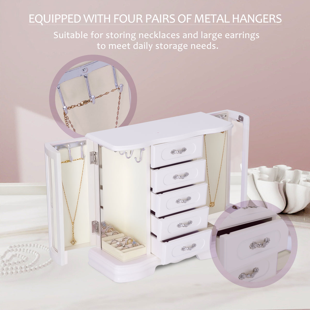 Jewelry Boxes For Women,5 Layer Large Wood Jewelry Boxes And Buit-in Hooks And Attached Mirror, Vintage Jewelry Box For Necklaces, Earrings And Rings