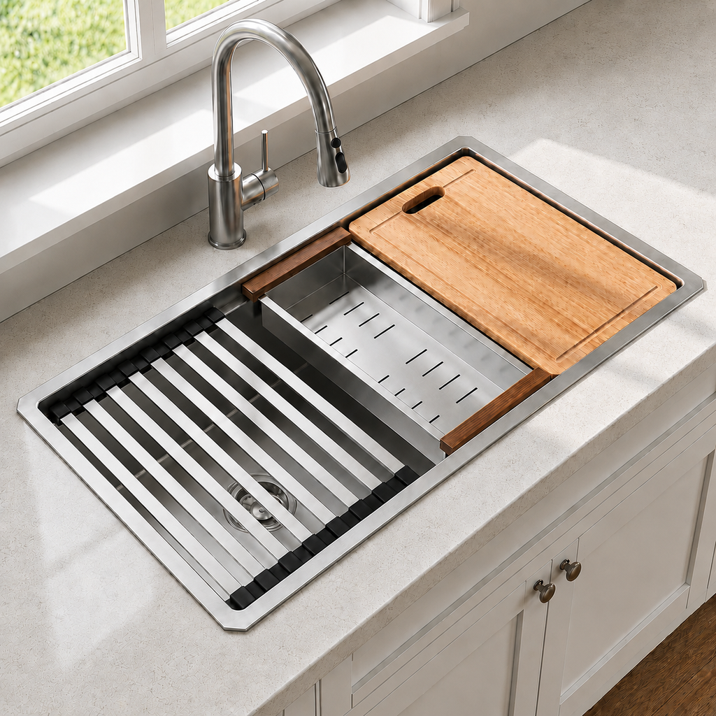 Stainless Steel Kitchen Sink 32" x 19" with Accessories | 10" Deep Bowl, Includes Cutting Board, Roll-Up Drying Rack, Bottom Rinse Grid, Polished Finish, Undermount Sink, drop in sink