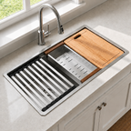 Stainless Steel Kitchen Sink 32" x 19" with Accessories | 10" Deep Bowl, Includes Cutting Board, Roll-Up Drying Rack, Bottom Rinse Grid, Polished Finish, Undermount Sink, drop in sink