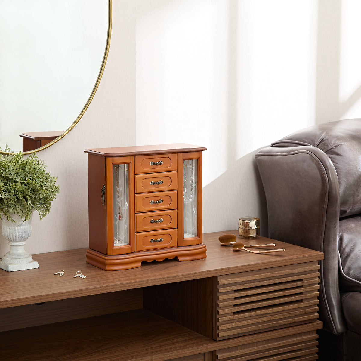 Brown vintage Jewelry Boxes for Women,5 Layer Drawer Wood Jewelry Boxes and buit-in Hooks and Attached Mirror, wood Jewelry Box for Necklaces, Earrings and Rings
