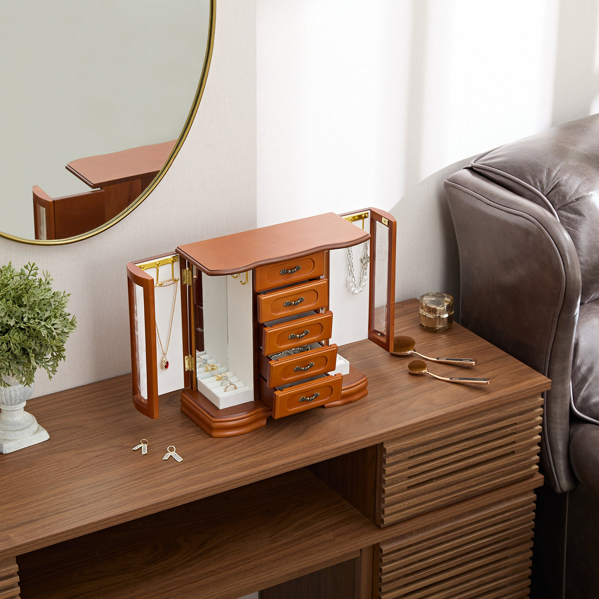 Brown vintage Jewelry Boxes for Women,5 Layer Drawer Wood Jewelry Boxes and buit-in Hooks and Attached Mirror, wood Jewelry Box for Necklaces, Earrings and Rings