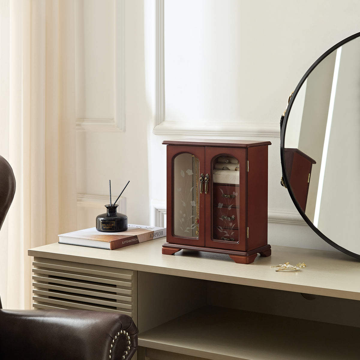 Vintage Jewelry Box with Mirror, Wooden Jewelry Organizer and Storage Case for Women，Brown