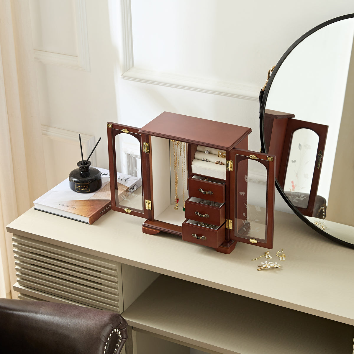 Vintage Jewelry Box with Mirror, Wooden Jewelry Organizer and Storage Case for Women，Brown