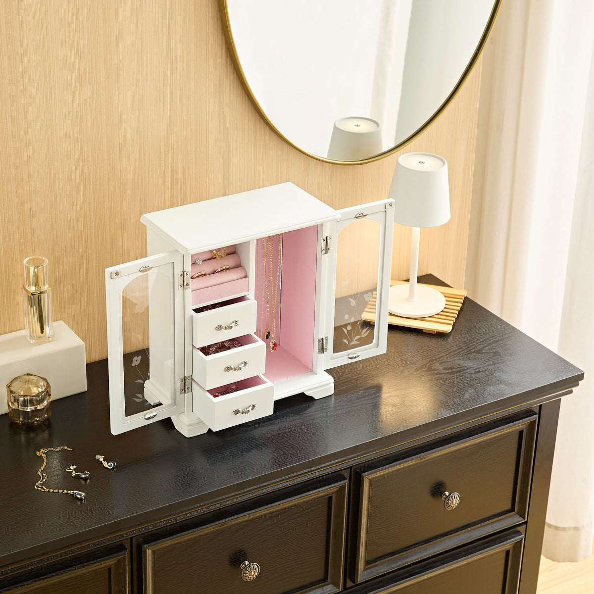 Vintage Jewelry Box with Mirror, Wooden Jewelry Organizer and Storage Case for Women，White