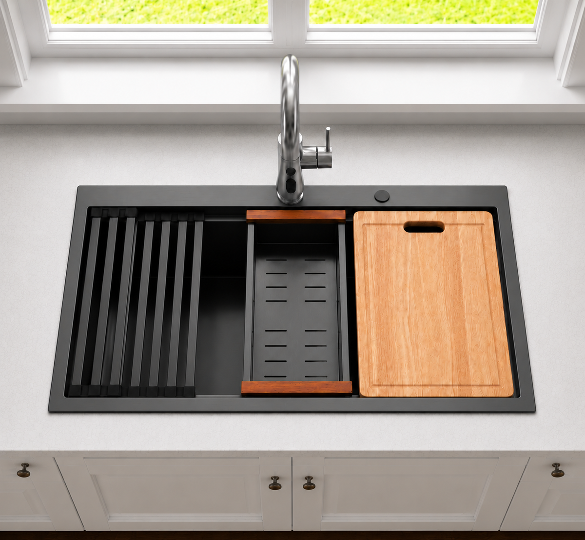 30x22 in Stainless Steel Drop-in Kitchen Sink w/Accessories, Grey | Workstation Sink, R10 Round, Cutting Board, Single Bowl, 10'' Deep Kitchen Sink