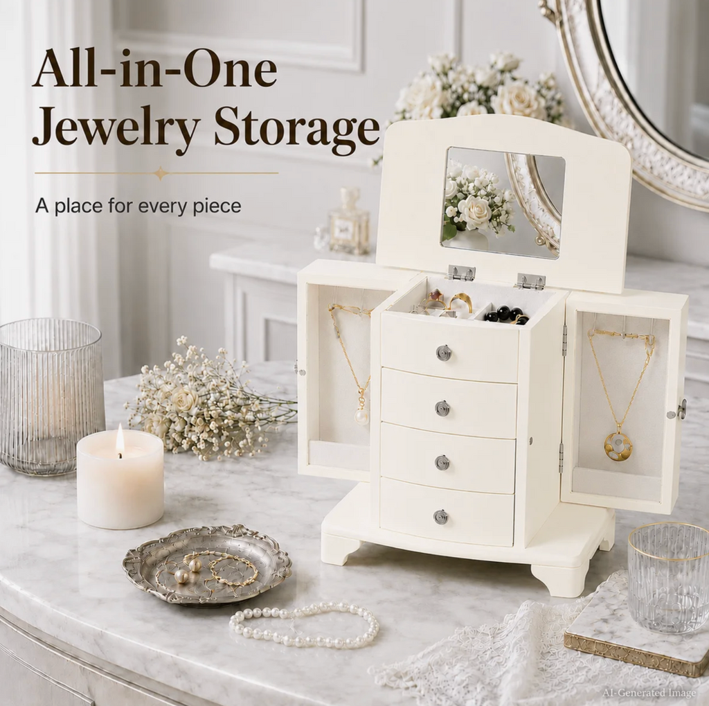 10 In. Cream White Wooden Jewelry Box With Mirror, Necklace Hooks, Velvet Lining And 3 Drawers
