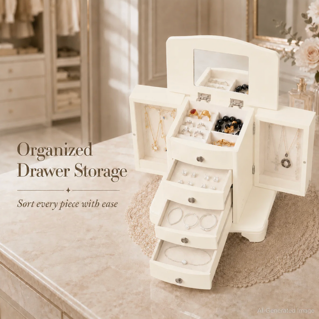 10 In. Cream White Wooden Jewelry Box With Mirror, Necklace Hooks, Velvet Lining And 3 Drawers
