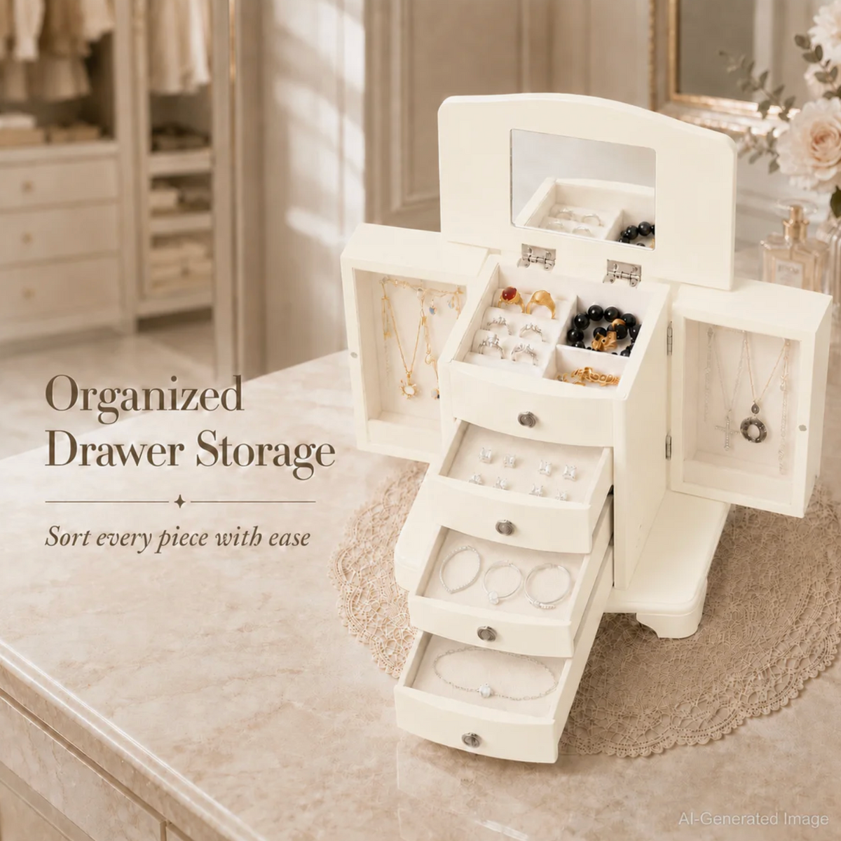 10 In. Cream White Wooden Jewelry Box With Mirror, Necklace Hooks, Velvet Lining And 3 Drawers