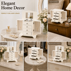 10 In. Cream White Wooden Jewelry Box With Mirror, Necklace Hooks, Velvet Lining And 3 Drawers
