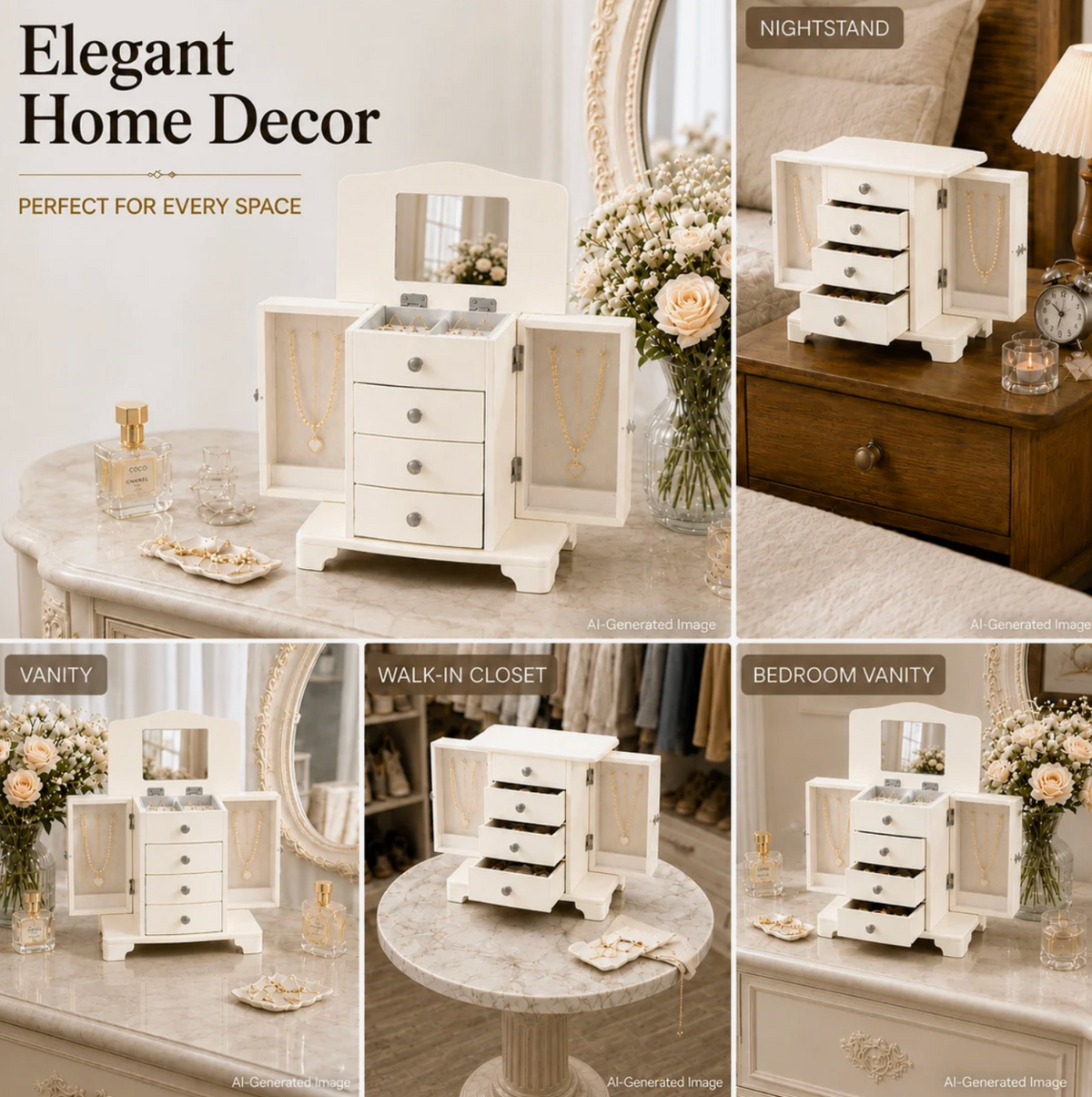10 In. Cream White Wooden Jewelry Box With Mirror, Necklace Hooks, Velvet Lining And 3 Drawers