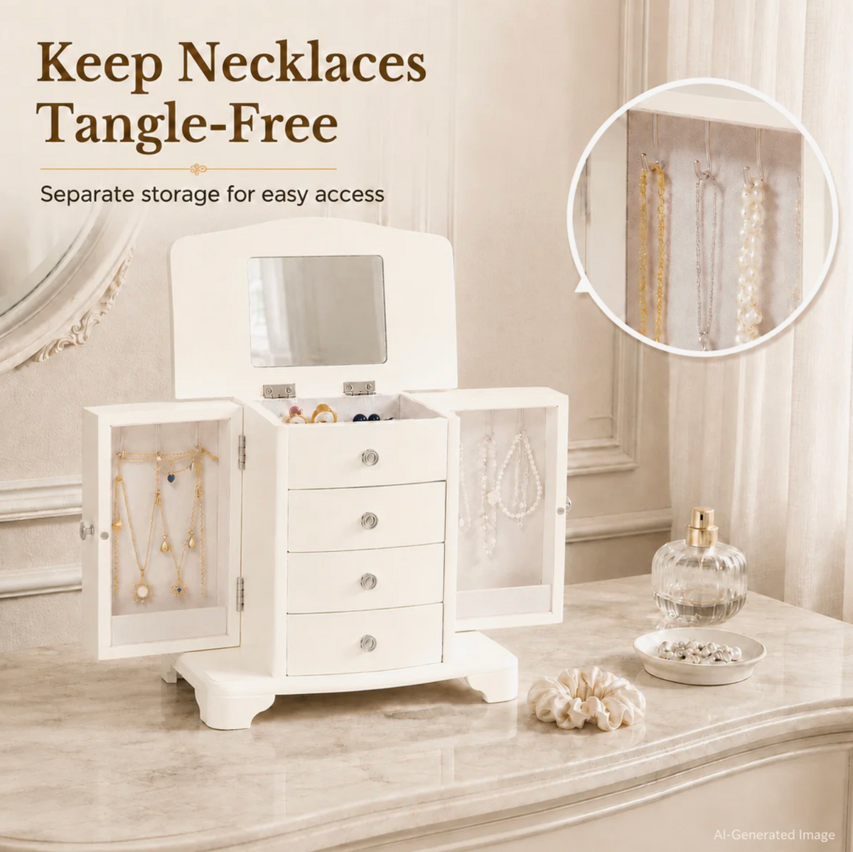 10 In. Cream White Wooden Jewelry Box With Mirror, Necklace Hooks, Velvet Lining And 3 Drawers