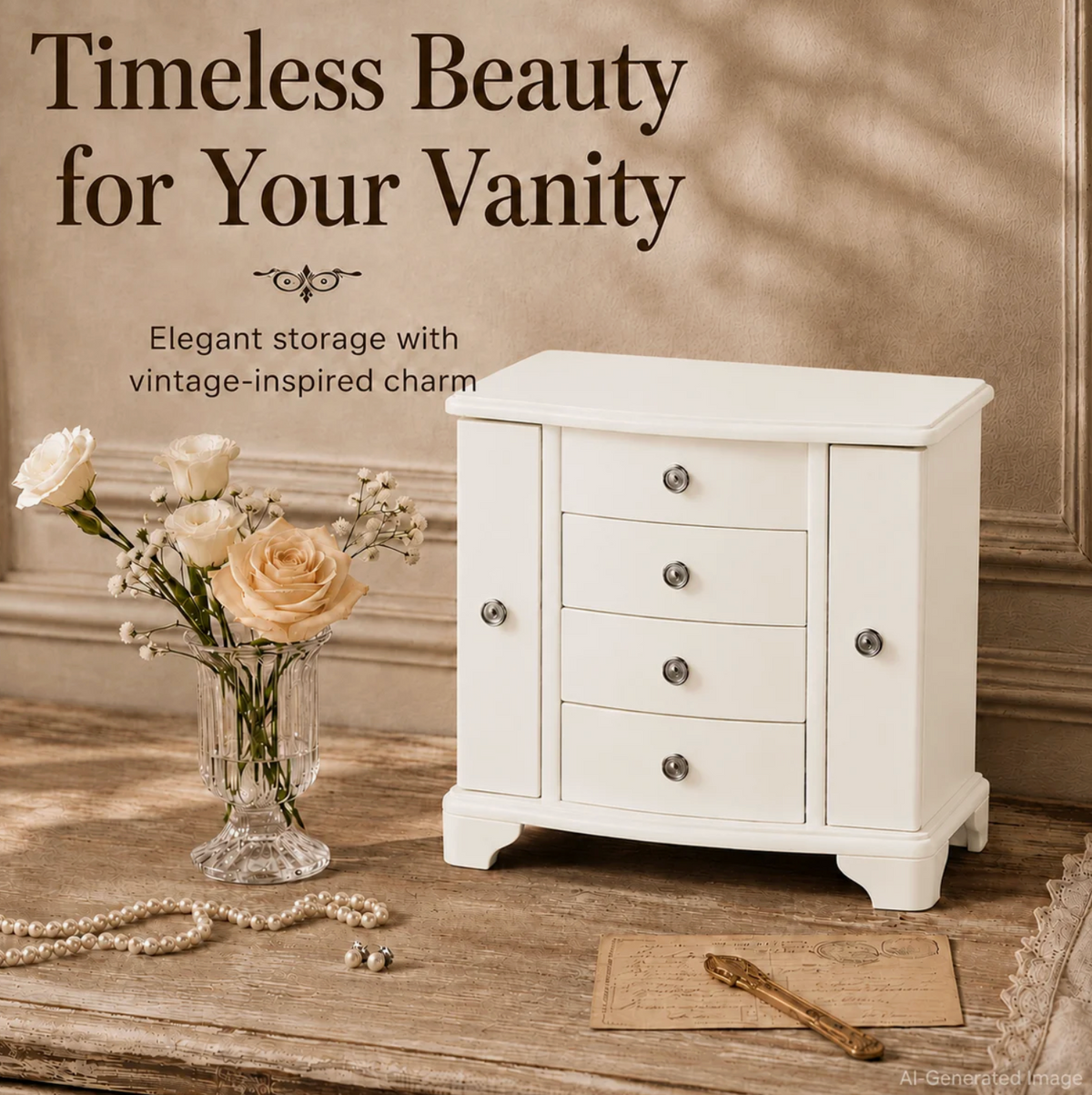 10 In. Cream White Wooden Jewelry Box With Mirror, Necklace Hooks, Velvet Lining And 3 Drawers