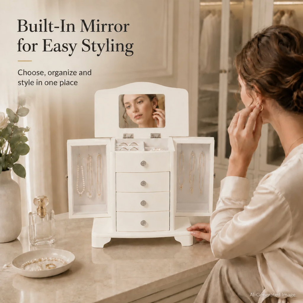 10 In. Cream White Wooden Jewelry Box With Mirror, Necklace Hooks, Velvet Lining And 3 Drawers