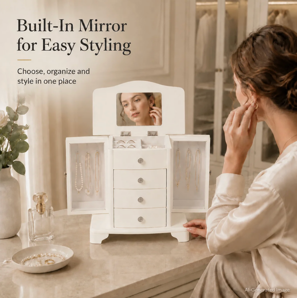 10 In. Cream White Wooden Jewelry Box With Mirror, Necklace Hooks, Velvet Lining And 3 Drawers
