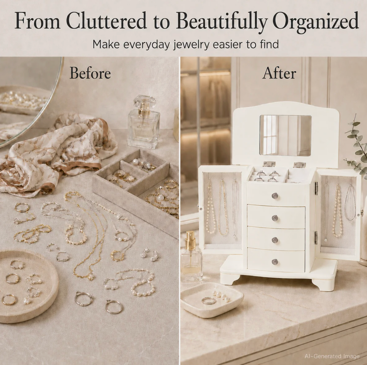 10 In. Cream White Wooden Jewelry Box With Mirror, Necklace Hooks, Velvet Lining And 3 Drawers
