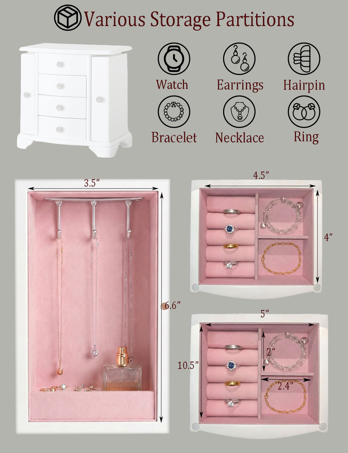 White Jewelry Box with Pink Velvet Lining，4 layer jewelry organizer box and attached 2 side doors,jewelry organizer wooden for rings, necklaces and earrings.