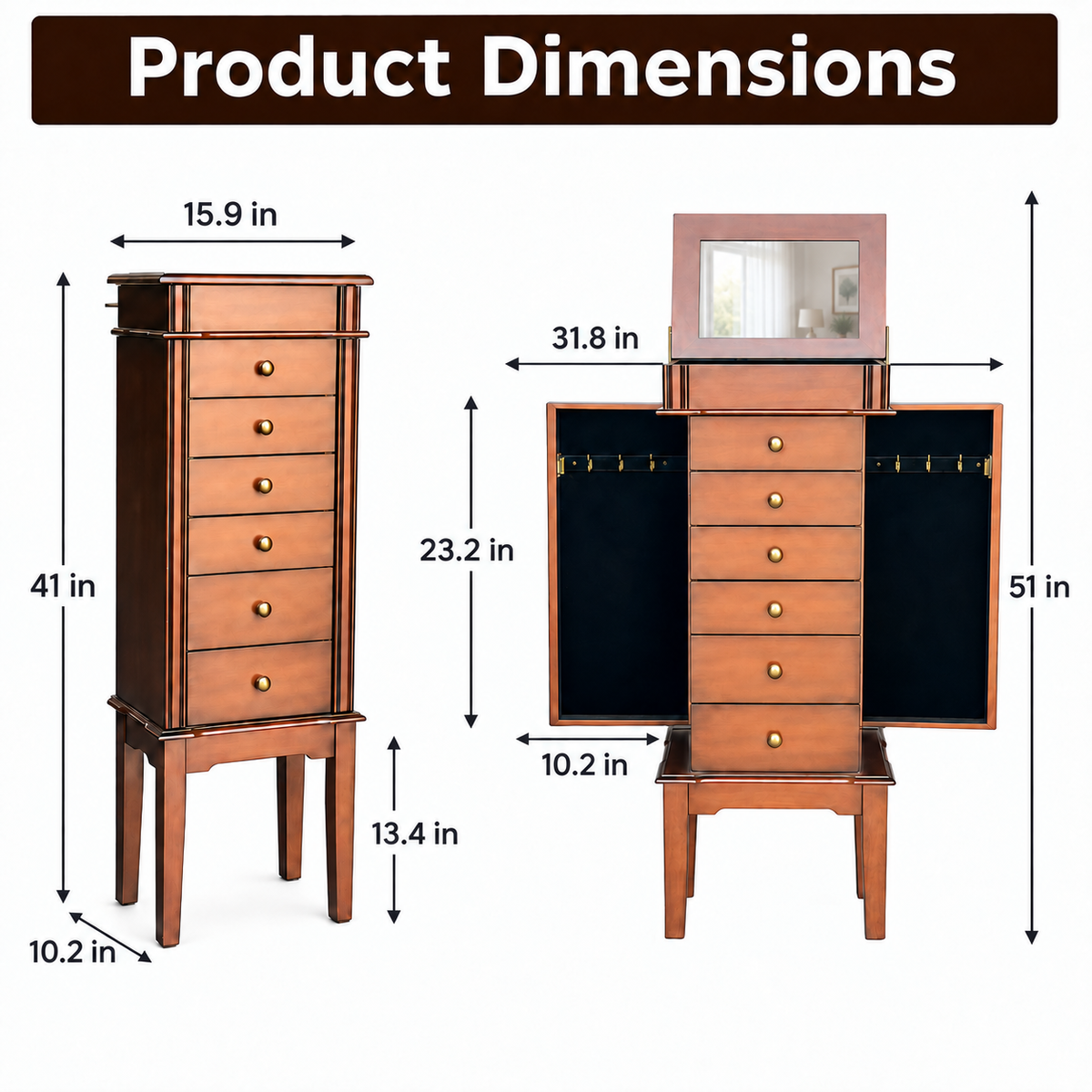 Freestanding Jewelry Armoire with Flip-Up Mirror, 6 Drawers and Necklace Hooks