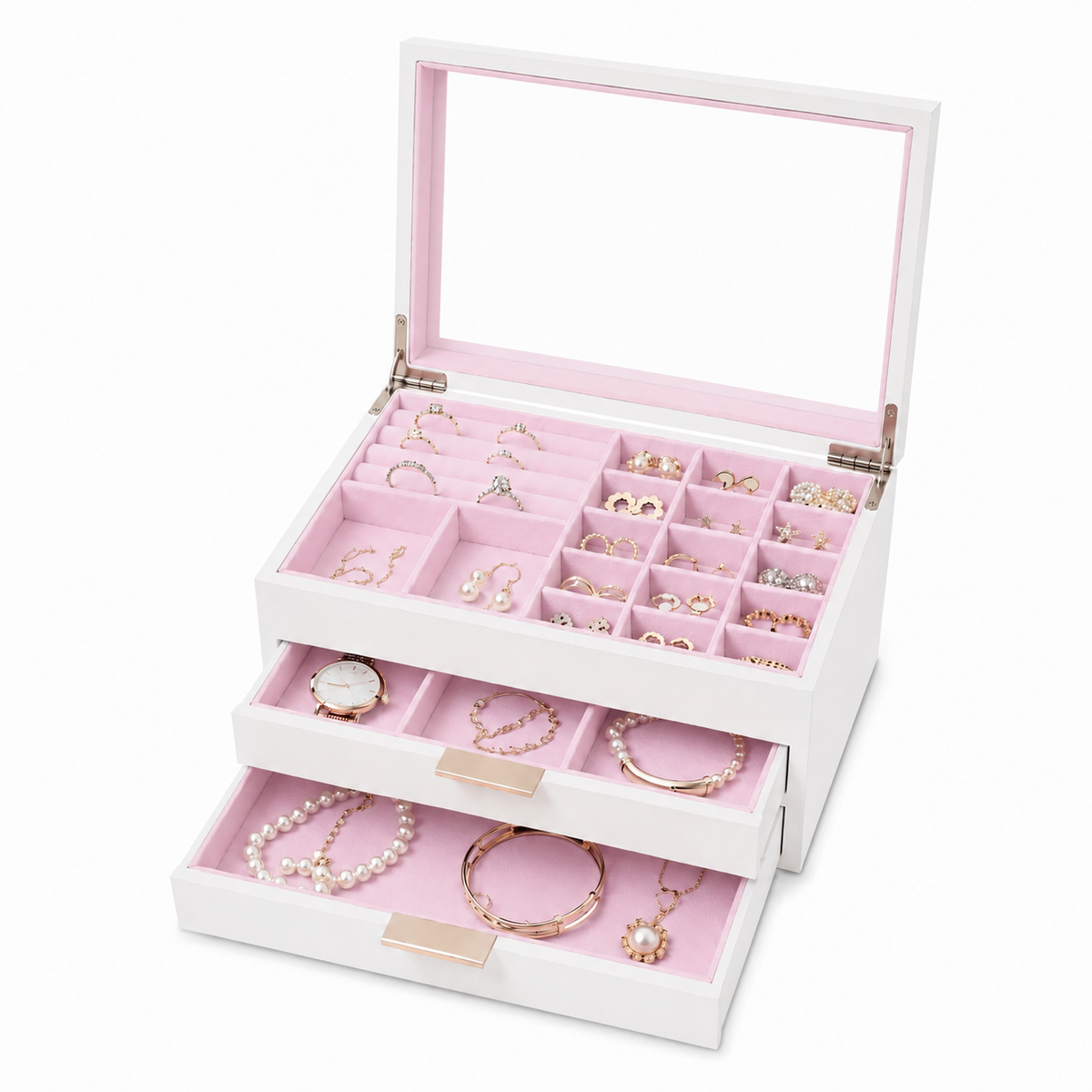 Wooden Jewelry Box With Glass Lid, 2 Drawers, Ring Slots & Multi-compartment Organizer For Jewelry, Watches And Accessories