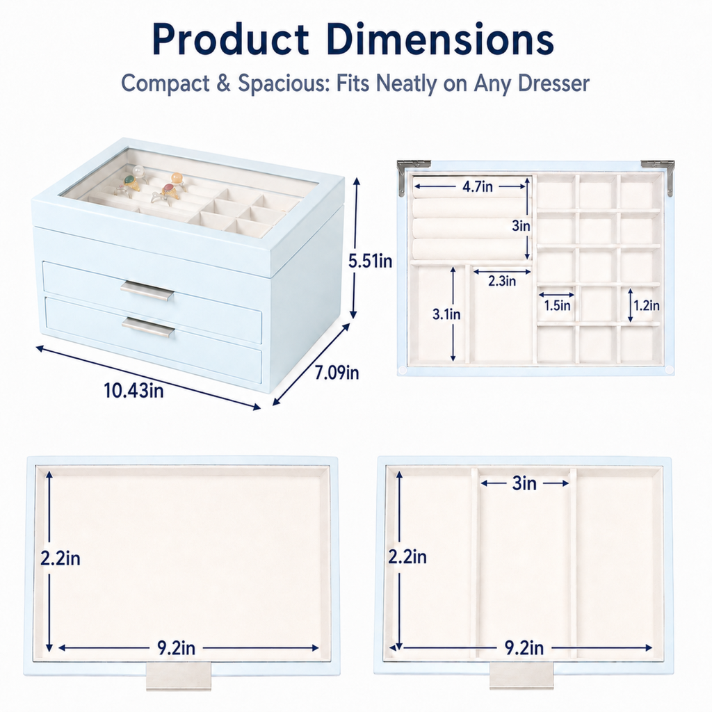 Wooden Jewelry Box With Glass Lid, 2 Drawers, Ring Slots & Multi-compartment Organizer For Jewelry, Watches And Accessories