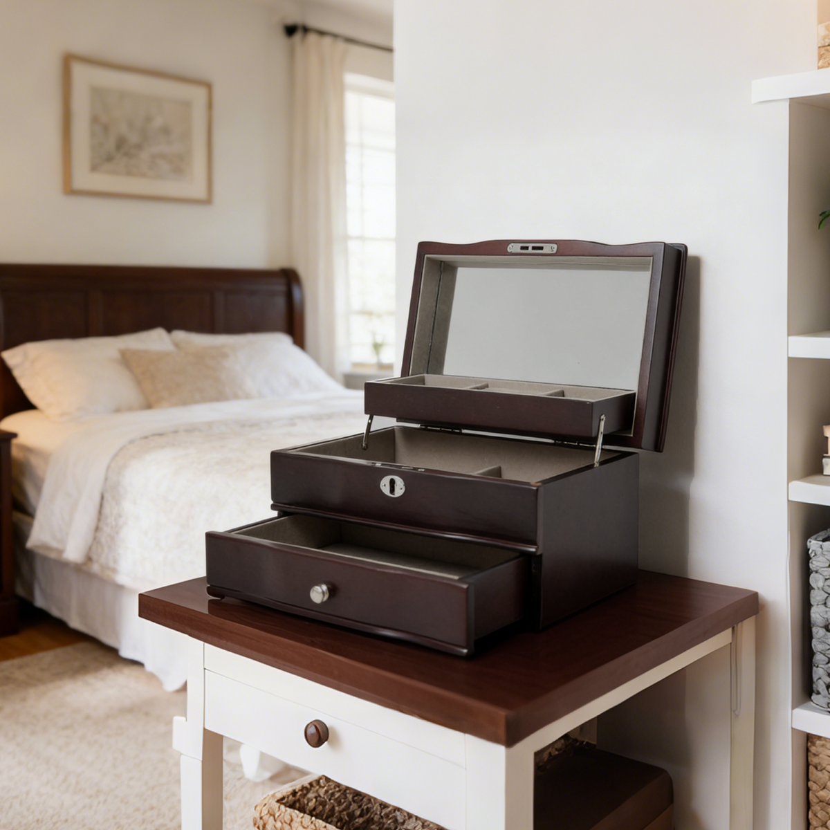 11.7 In. Brown Wooden Jewelry Box With Mirror, Lockable Multi-layer Jewelry Organizer With Velvet Lining And Drawer Storage