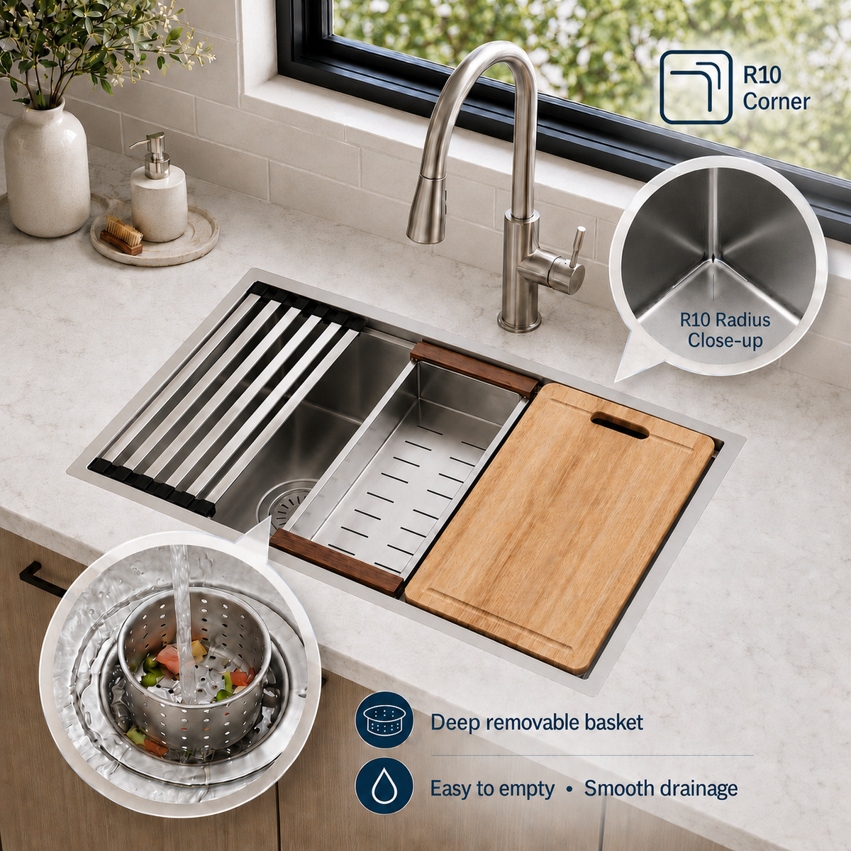 Stainless Steel Kitchen Sink 32" x 19" with Accessories | 10" Deep Bowl, Includes Cutting Board, Roll-Up Drying Rack, Bottom Rinse Grid, Polished Finish, Undermount Sink, drop in sink